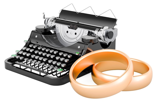 Máquina de escrever com renderização 3D de alianças de casamento