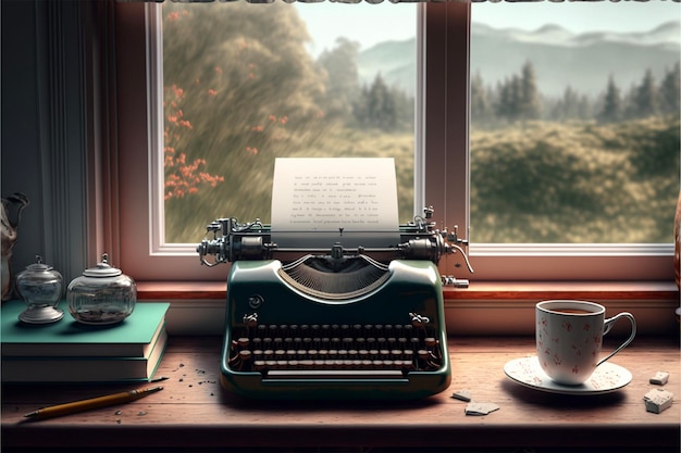 Máquina de escrever e livros na janela