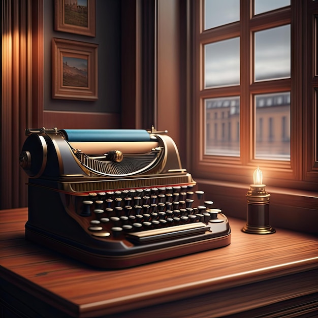 Máquina de escrever em uma mesa de madeira perto da janela