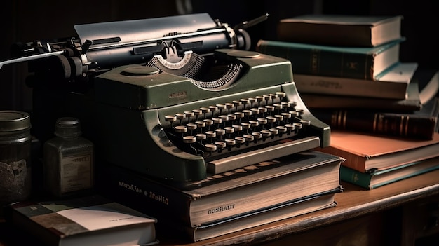 Máquina de escrever em uma pilha de livros com um notebook AI gerado