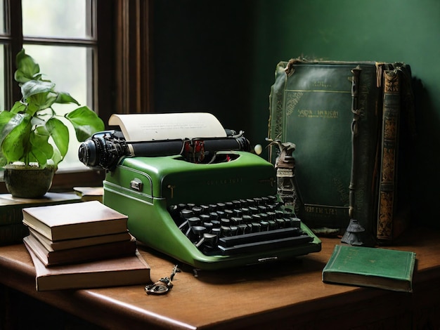 Foto máquina de escrever verde ao lado de livro verde encadernado e livro