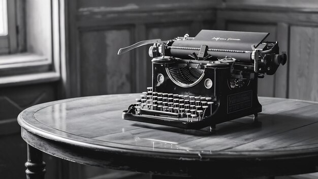 Máquina de escrever vintage em mesa de madeira