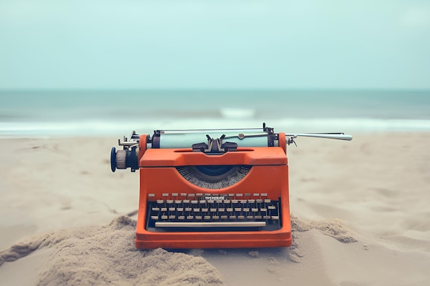Máquina de escrever vintage na praia com ondas do mar AI generative