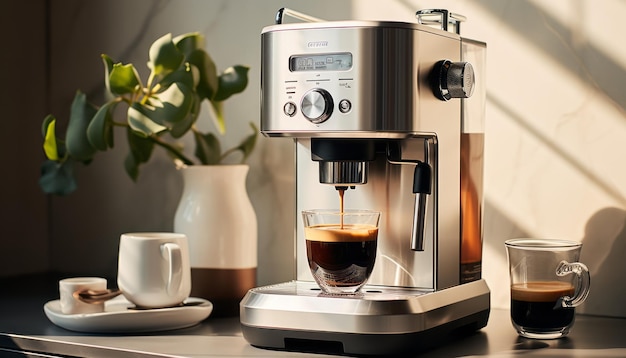 Máquina de expresso em uma cozinha com um copo branco