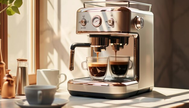 Foto máquina de expresso em uma cozinha com um copo branco