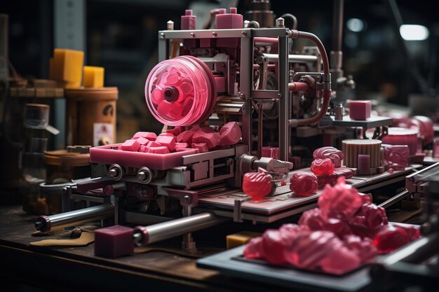 Máquina de fabricação de doces em pleno funcionamento produzindo doces cor-de-rosa em um ambiente industrial com um fundo mal iluminado