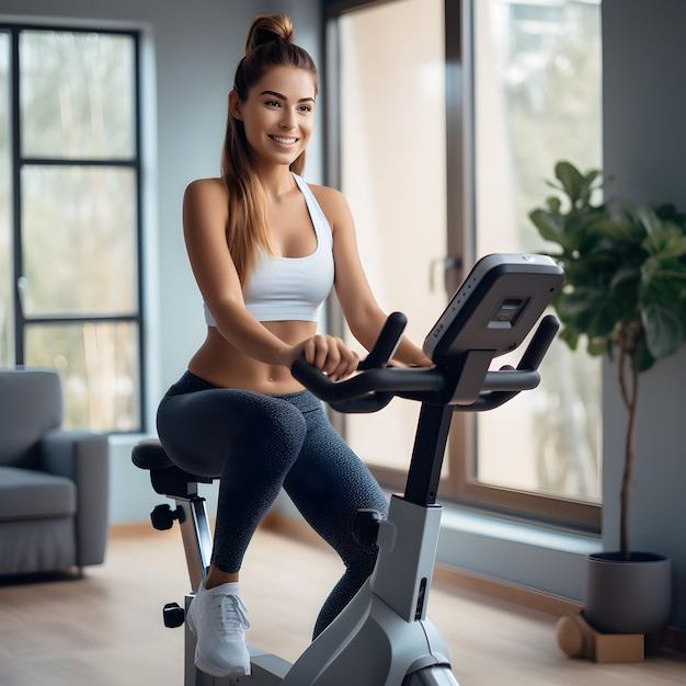 Foto máquina de fitness em casa mulher andando de bicicleta em bicicleta estacionária interior para treino de cardio generativo ai