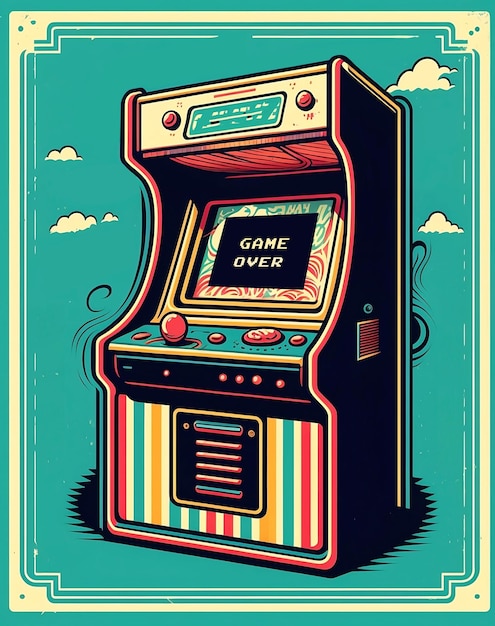 Máquina de fliperama retrô Ilustração do estilo dos anos 80 Game over na tela em exibição