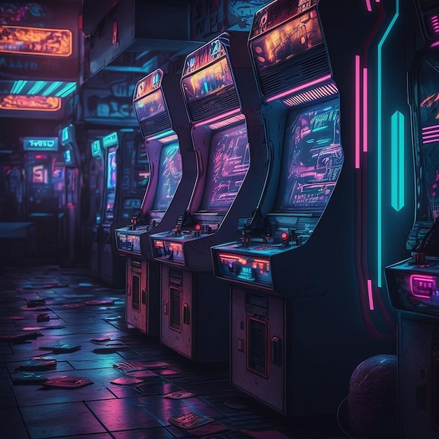 Máquina de fliperama vintage efeito de arte neon sala de videogame AI imagem gerada