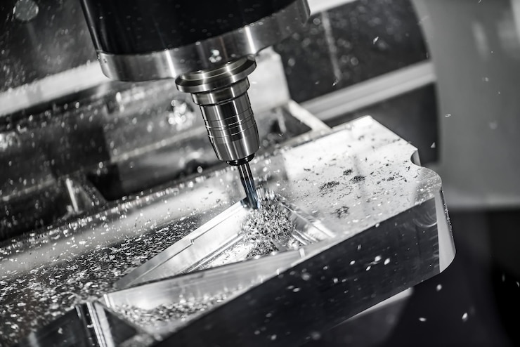 Foto máquina de fresagem cnc para metais. corte de metal moderna tecnologia de processamento. profundidade de campo pequena. aviso - tiro autêntico em condições desafiadoras. um pouco granulado e talvez borrado.