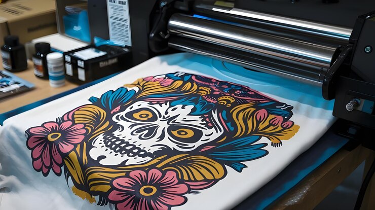 Foto máquina de impressão de t-shirt pressing desenho de crânio colorido