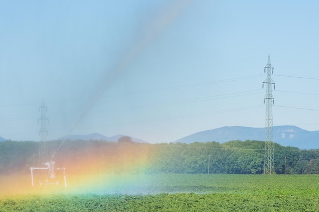 Máquina de irrigação em um campo verde com um arco-íris