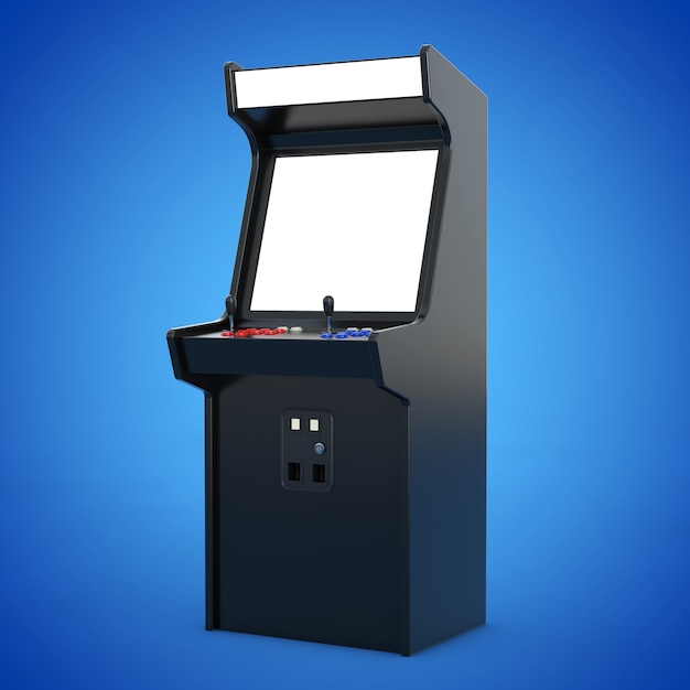 Máquina de jogos de arcade com tela em branco para seu projeto em um fundo azul. Renderização 3D.