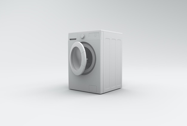 Máquina de lavar branca em um fundo de estúdio cinza conceito minimalista vista em perspectiva monocromática 3D
