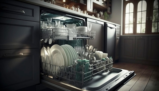 Máquina de lavar louça aberta com pratos limpos dentro da cozinha Generative Ai
