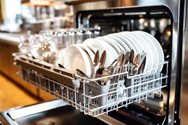 Foto máquina de lavar louça aberta na cozinha com pratos sujos ou pratos limpos após lavagem no interior