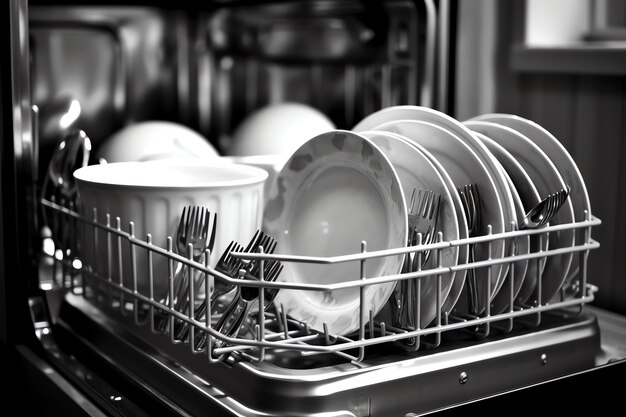 Máquina de lavar louça aberta na cozinha com pratos sujos ou pratos limpos após lavagem no interior