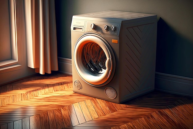 Máquina de lavar moderna com tambor grande no chão de madeira