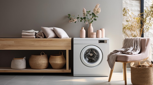 Máquina de lavar na lavanderia Decoração moderna com design minimalista