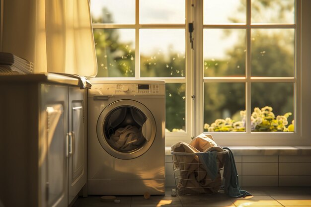 Máquina de lavar roupa na lavandaria com uma cesta cheia de roupas