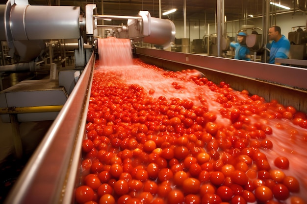 Máquina de lavar tomate automática gerativa de IA em correia transportadora na fábrica de tomate da indústria alimentar