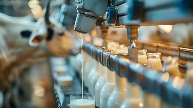 Foto máquina de leite extraindo leite fresco de uma fábrica de leite