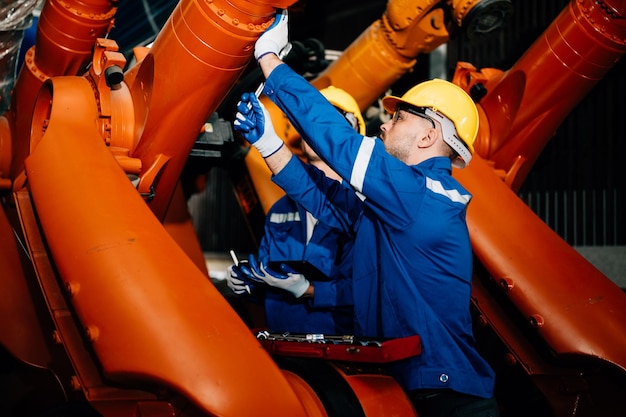 Máquina de manutenção de trabalhador profissional, braços robóticos, máquinas industriais, conceito de engenharia