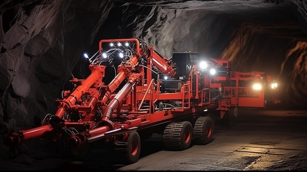 Foto máquina de mina trabalhando perfurando em um túnel de mina minerando minerais
