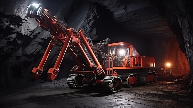 máquina de mina trabalhando perfurando em um túnel de mina minerando minerais