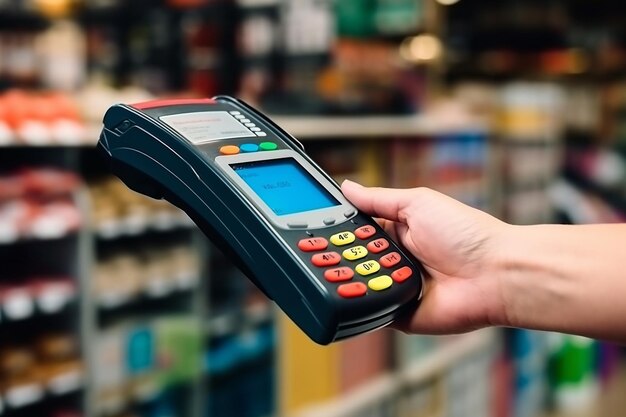 Máquina de pagamento de cartão de crédito de mão no supermercadoGenerative Ai