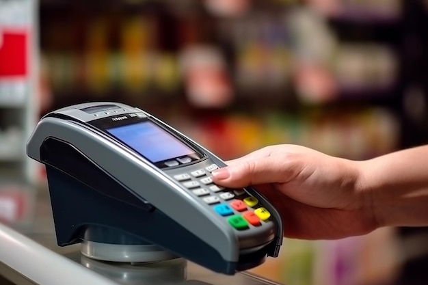 Foto máquina de pagamento de cartão de crédito de mão no supermercadogenerative ai