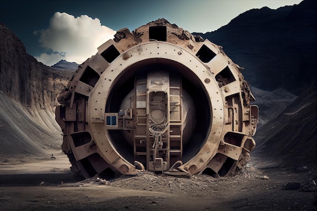 Máquina de perfuração de túnel cercada por montanha de terra e rocha