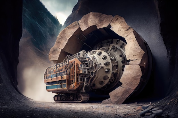 Máquina de perfuração de túnel perfurando rocha em túnel de montanha