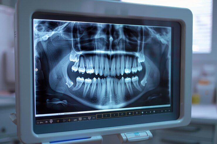 Foto máquina de raios-x dental com imagem de dentes em imagem de exibição