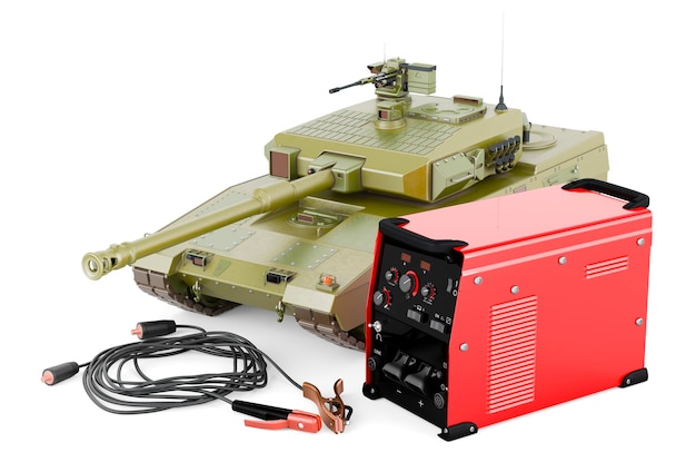 Máquina de soldador multiprocesso com renderização 3D do conceito de reparo de tanque de guerra