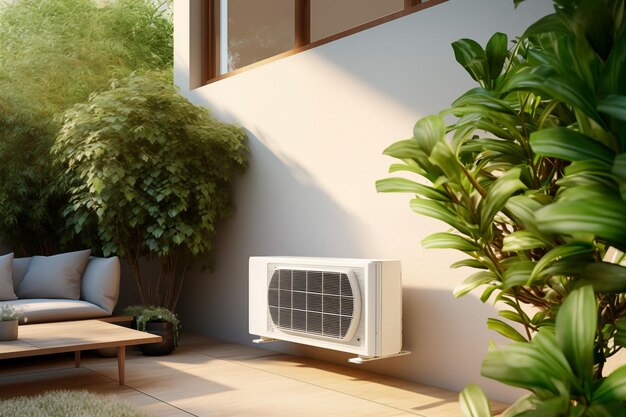 Máquina de ventilação colocada ao lado da fachada de um chill out verde