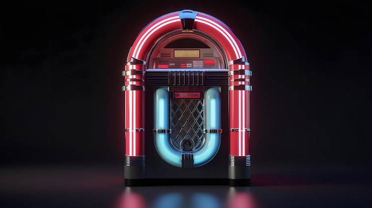 Una máquina de discos roja y blanca con una luz roja en el frente.