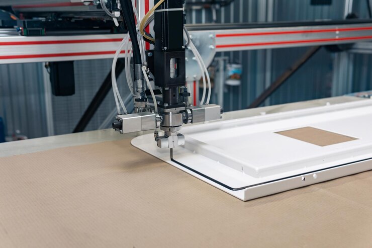 Foto la máquina dispensadora de dosificación robótica industrial aplica un sellador de endurecimiento a la puerta de metal en blanco