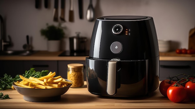 Máquina eléctrica moderna con patatas fritas en la mesa de la cocina