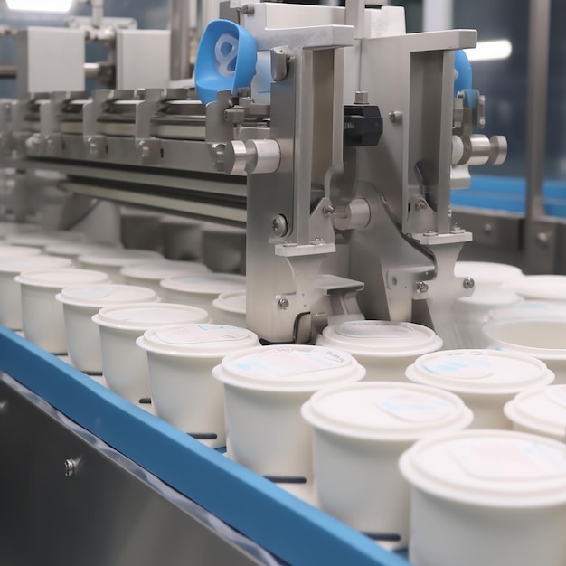 La máquina envasa yogur en cajas en la fábrica de envases de yogur de la industria láctea