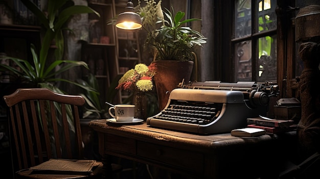 máquina de escribir anticuada con libros vintage en una mesa de madera en la oscuridad