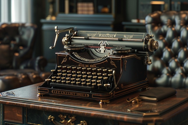 Máquina de escribir antigua en un escritorio de cuero