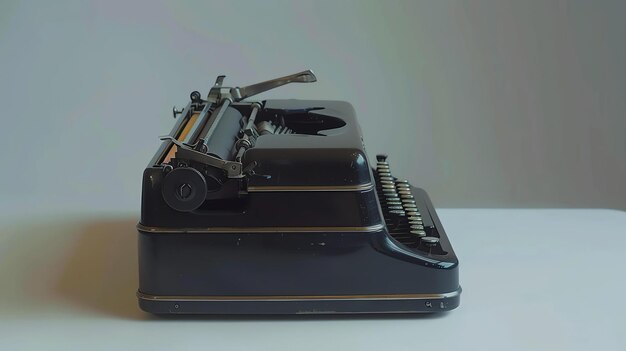 Una máquina de escribir antigua se sienta en una mesa blanca la máquina de escribir es negra con una palanca de retorno de carruaje plateada las teclas se han amarillado con la edad