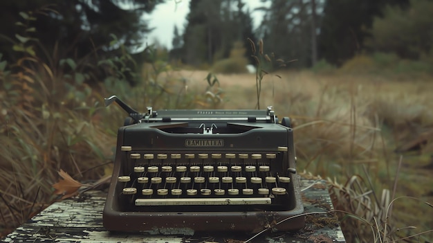 Foto una máquina de escribir antigua se sienta en una mesa de madera en un campo la máquina de escribir es negra y tiene un teclado de color crema