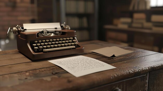 Foto una máquina de escribir antigua se sienta en una mesa de madera en una habitación débilmente iluminada la máquina de escribir es marrón y tiene un inserto de papel de color crema