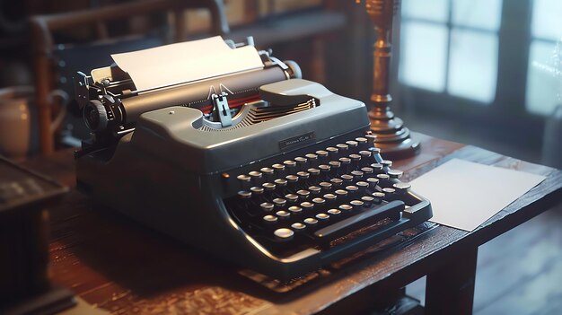 Foto una máquina de escribir antigua se sienta en una mesa de madera en una habitación débilmente iluminada la máquina de escribir es negra y tiene un inserto de papel de color crema