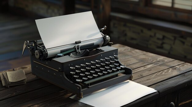 Foto una máquina de escribir antigua se sienta en una mesa de madera en una habitación rústica la máquina de escribir es negra y tiene un inserto de papel de color crema