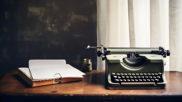 Máquina de escribir de época en una mesa de madera con un libro y un bolígrafo