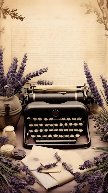 una máquina de escribir con flores de lavanda sobre la mesa
