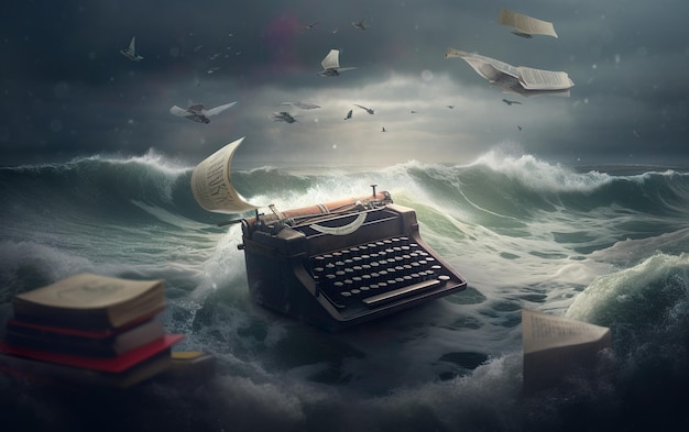Una máquina de escribir flotando en el océano con una pila de papeles flotando sobre ella.